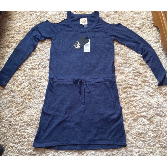 CHASOR Cold Shoulder Dress‎ Drawstring Waist Pockets Blue Velvet XS NWT - Picture 1 of 12